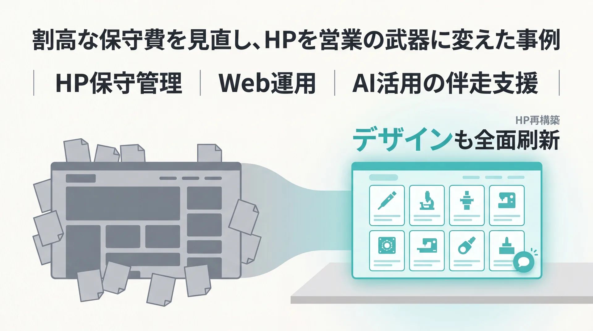 精密機器メーカーのHP管理会社を弊社へ切り替え、割高だった保守を月額内の定額運用に適正化し、古い会社案内のHPを製品カタログ型へ全面リニューアルして営業で使えるHPに再構築した事例のインフォグラフィック
