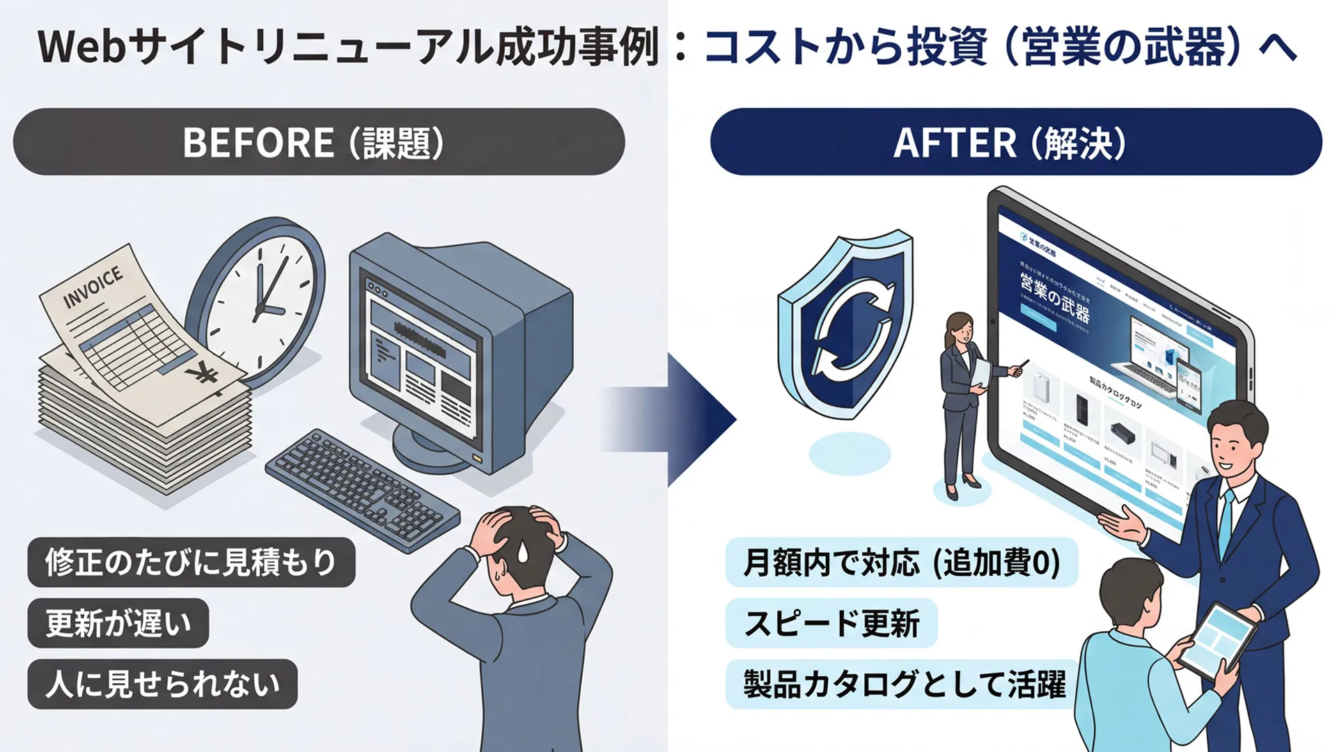 精密機器メーカーの取引事例としてHP管理会社を弊社へ切り替えを実施し、HPも再構築した事例を紹介