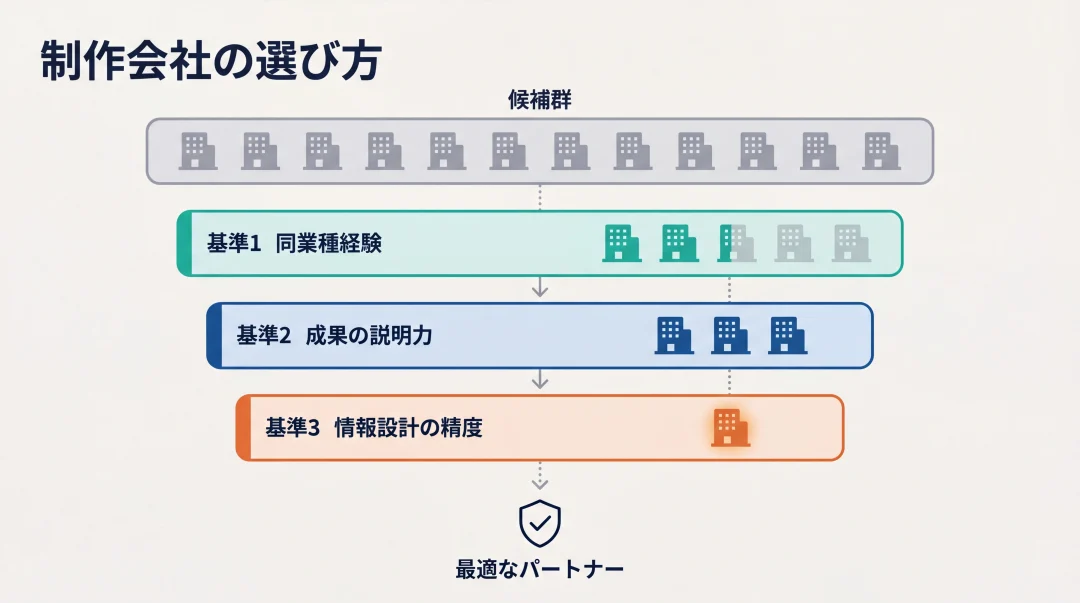 ホームページ制作会社の選び方を示すファネル型の図解。候補群から同業種経験・成果の説明力・情報設計の精度の3基準で絞り込み、最適なパートナーに到達する流れを可視化している