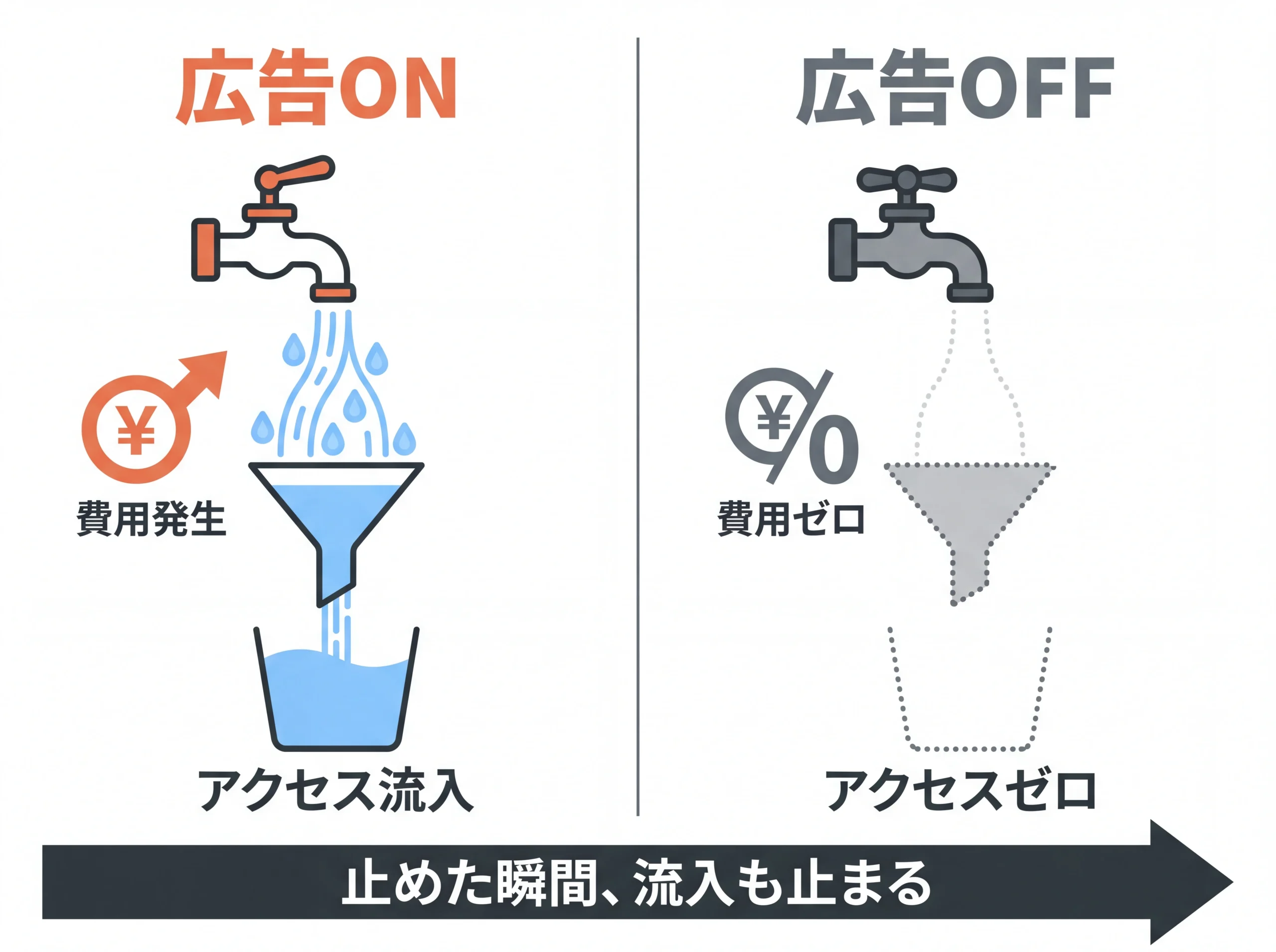 リスティング広告のON/OFF時のアクセス変化を示す蛇口モデル図