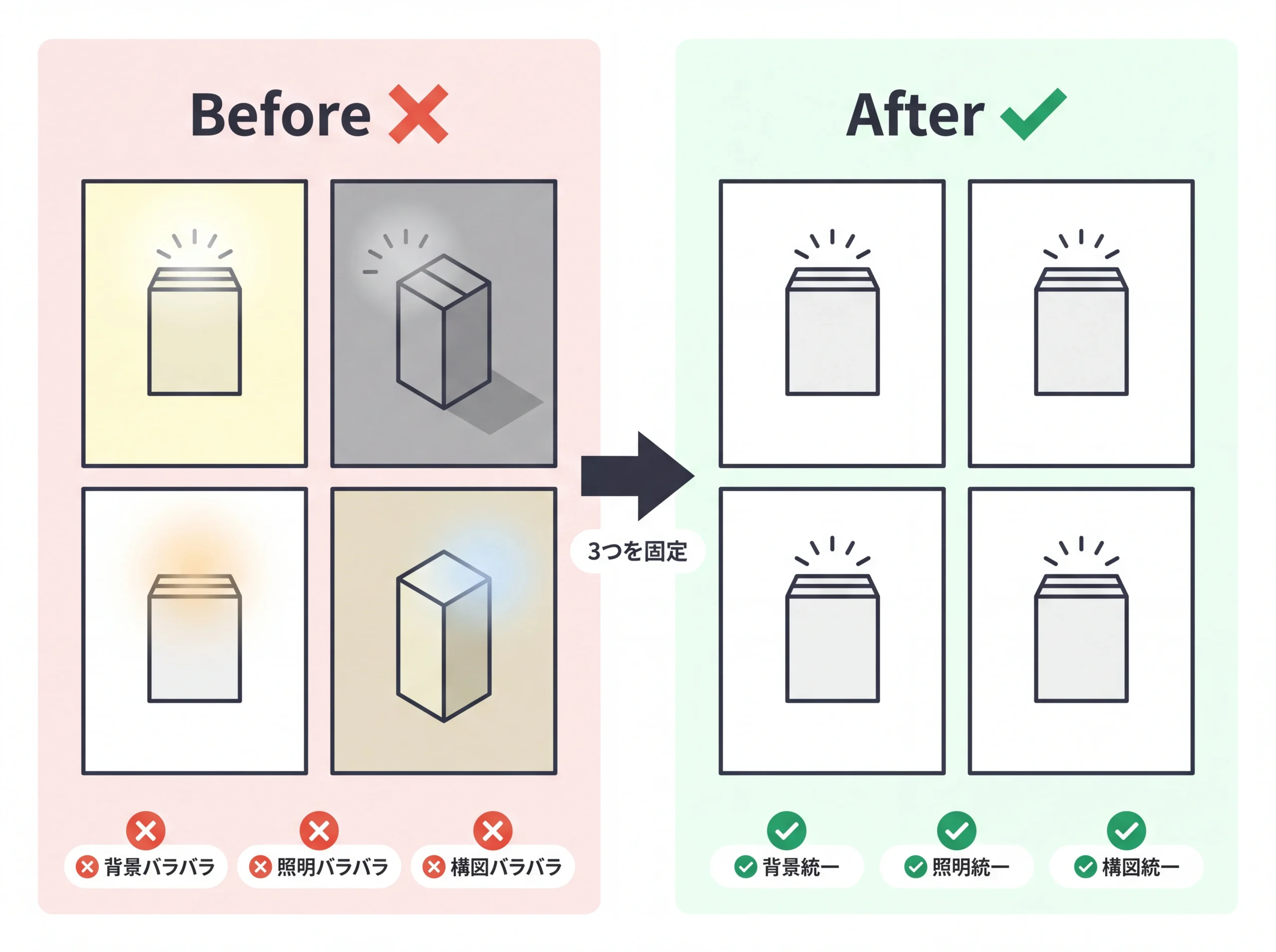 商品写真の3変数を統一するBefore/After対比図