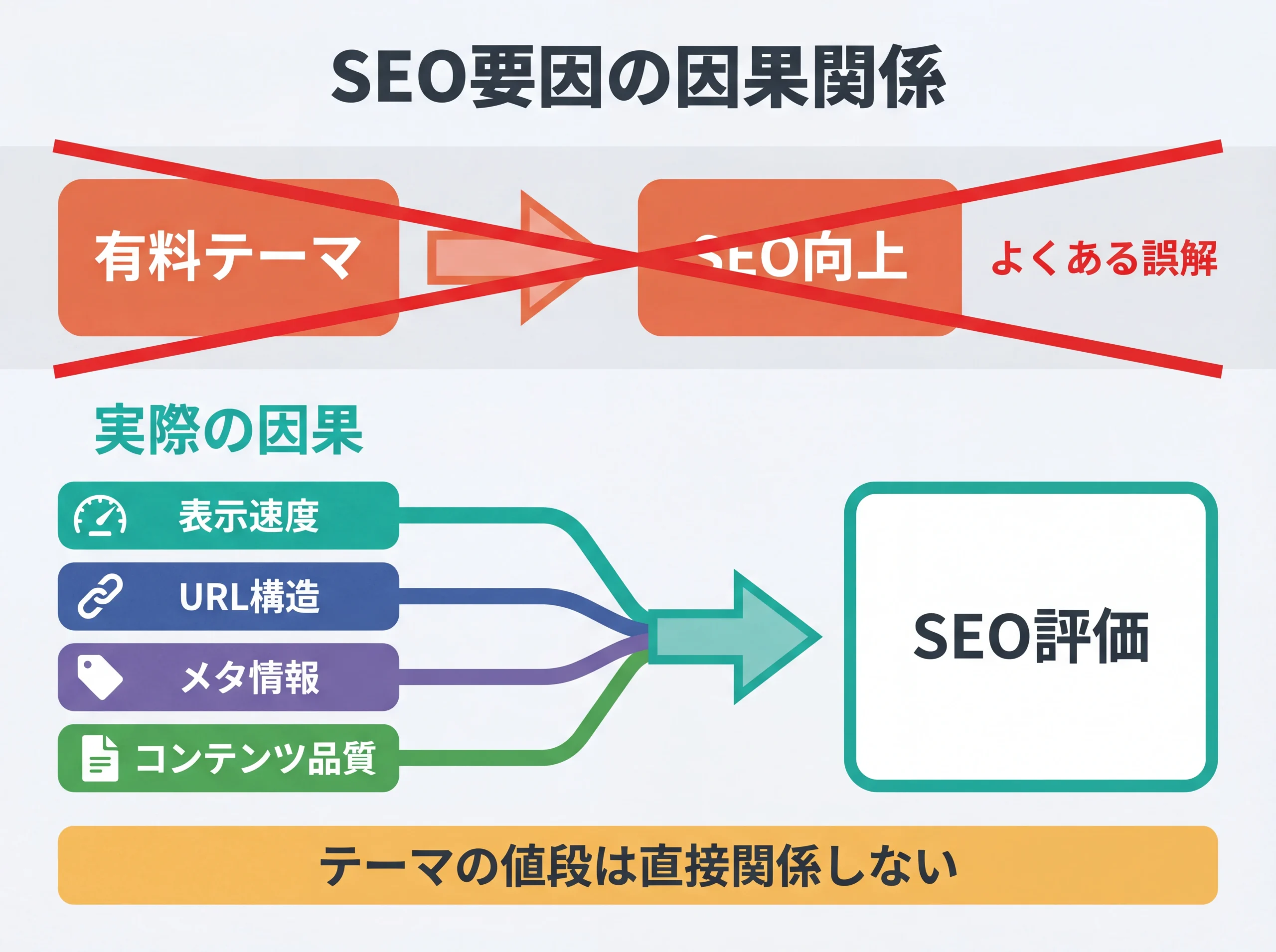 SEO要因の因果関係と有料テーマの誤解図