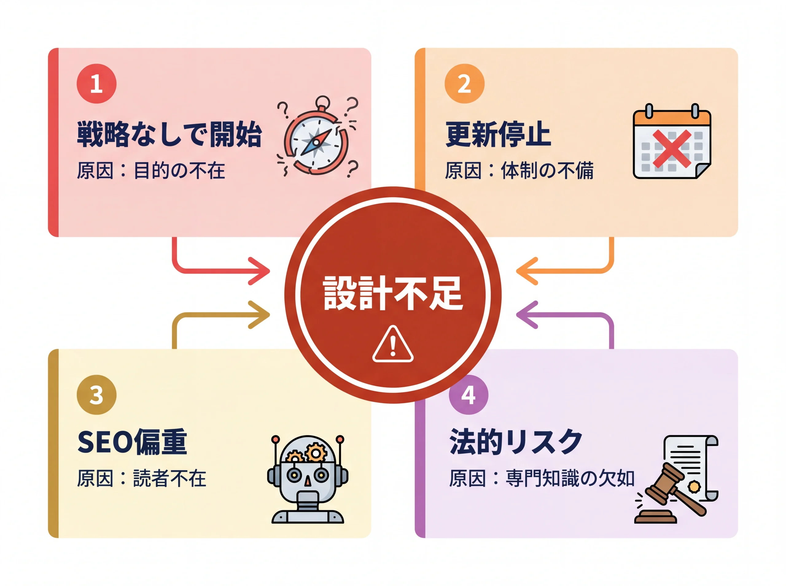 オウンドメディア4つの失敗パターンと共通原因の図解