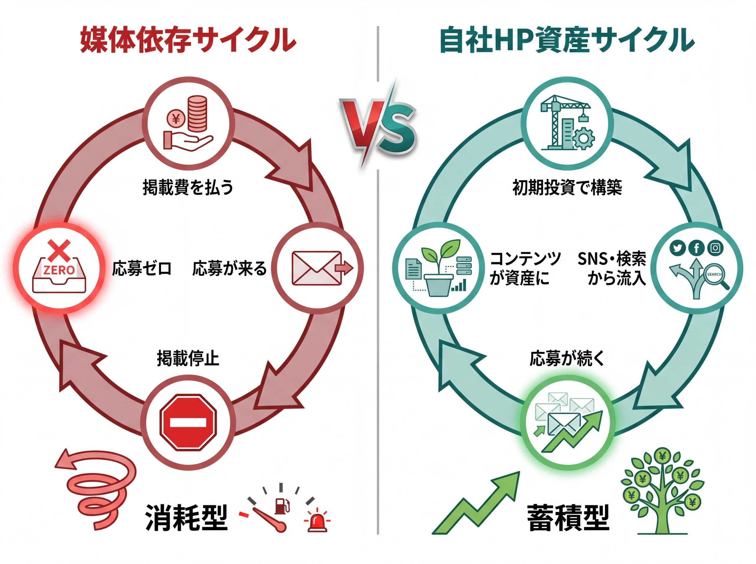 媒体依存と自社HP投資のコスト構造比較サイクル