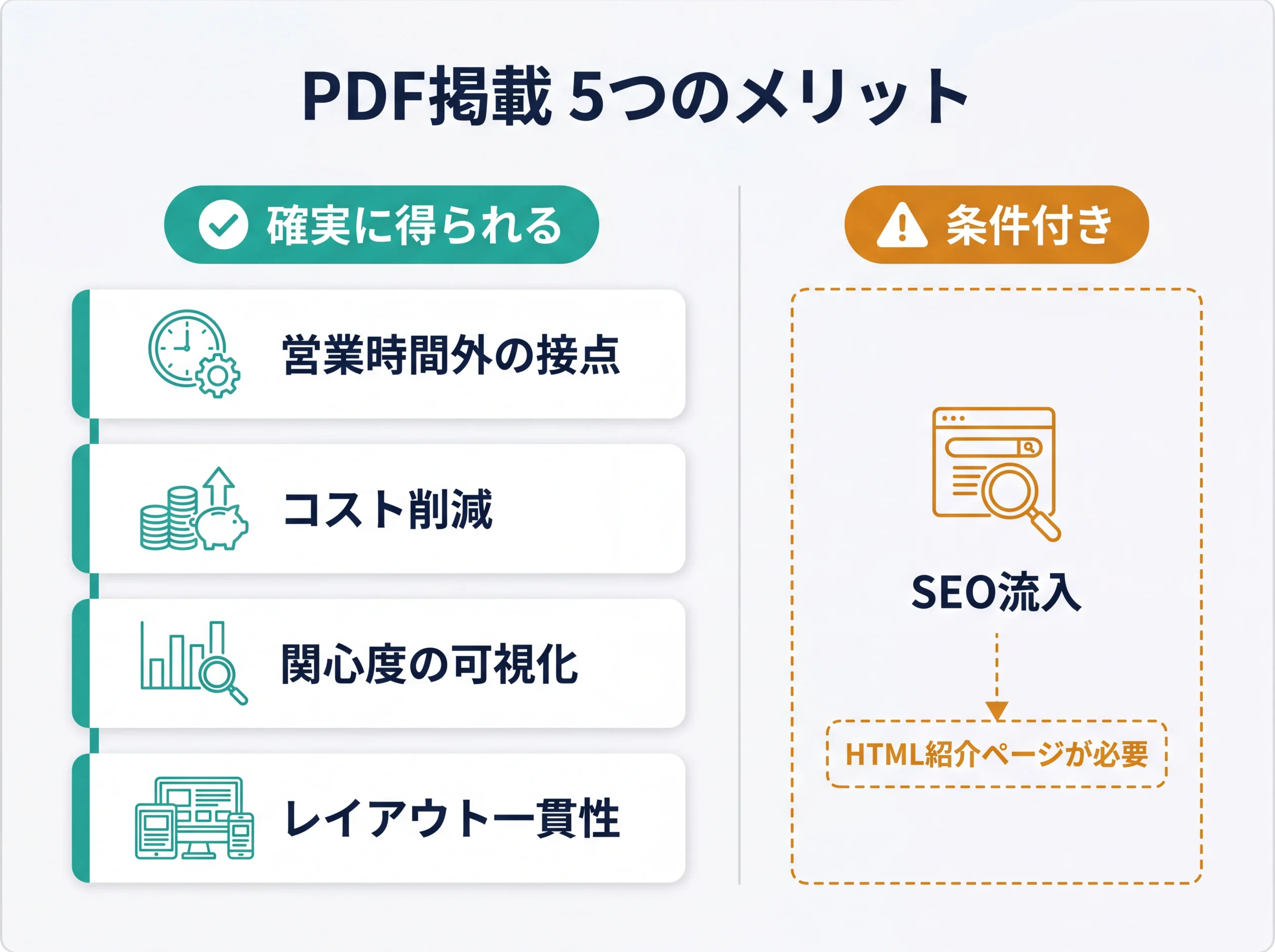 PDF掲載メリットを確実と条件付きに構造分けした図