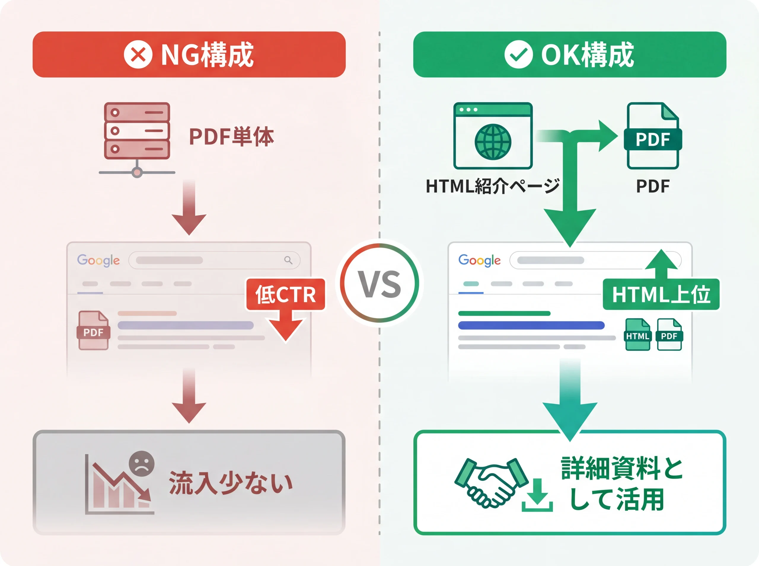 PDF単体とHTML併用のSEO構成をBefore/Afterで比較