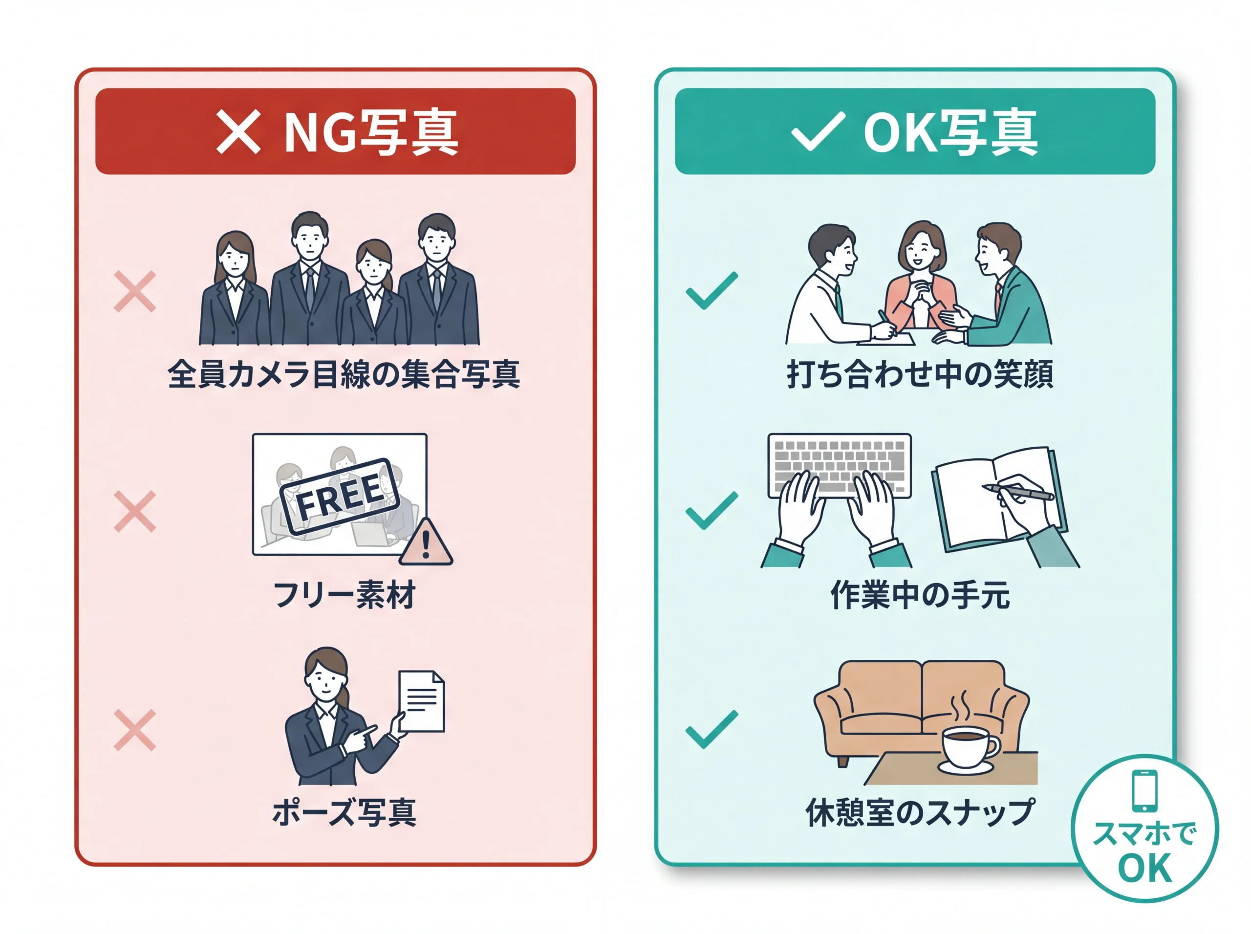 採用サイト写真のNG例とOK例の比較