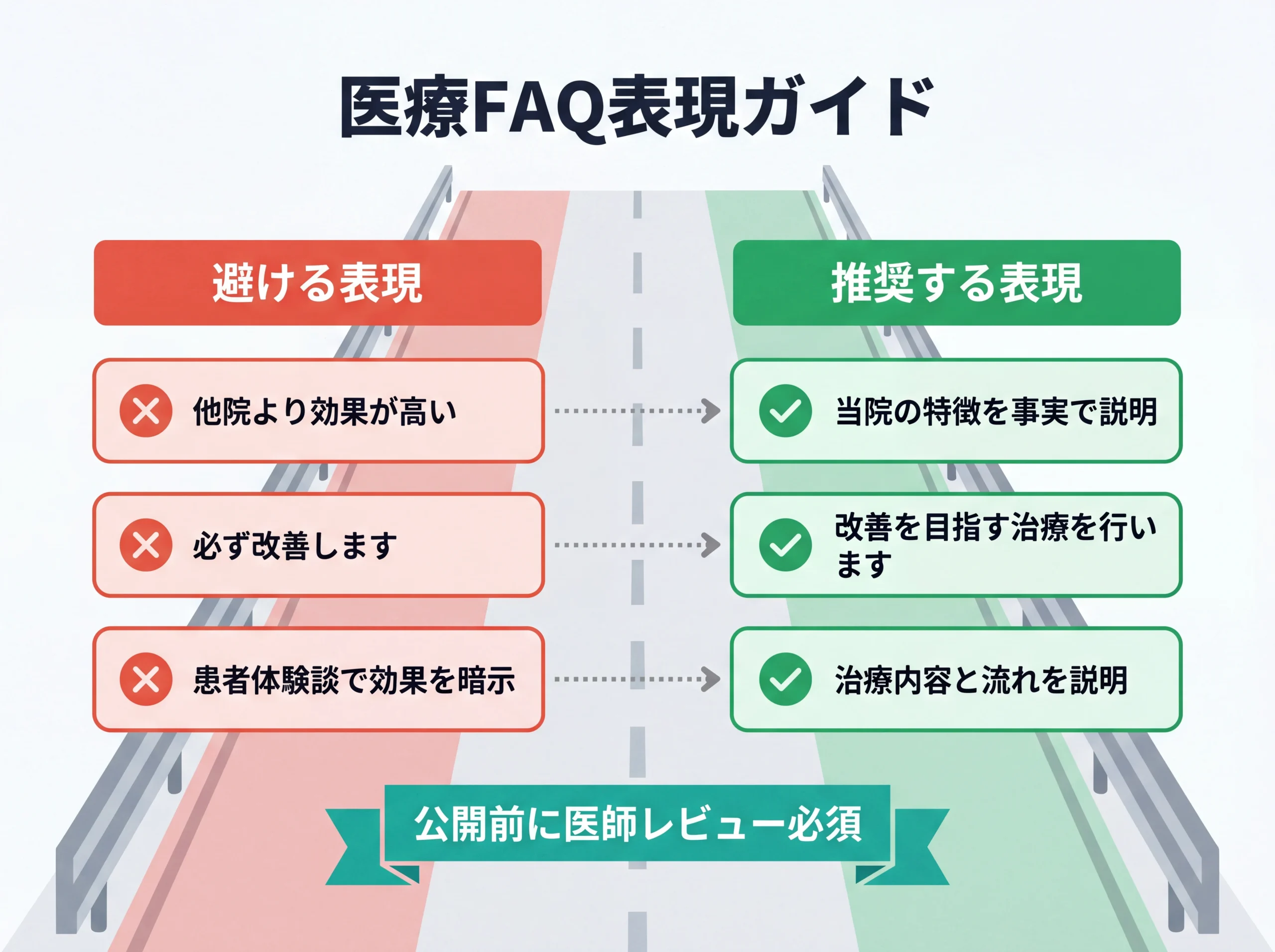 医療FAQの避けるべき表現と推奨表現の対比