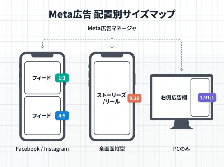 Meta広告の配置別推奨サイズのマッピング図