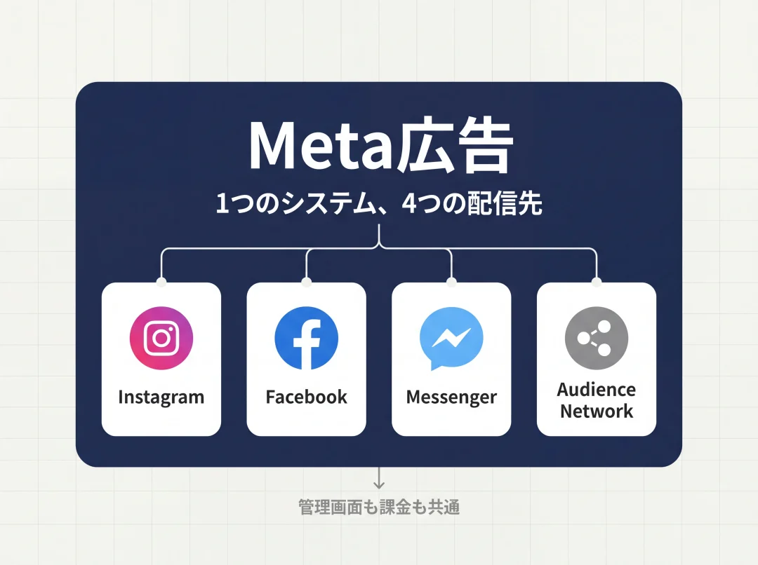 Meta広告と4つの配信先の包含関係図
