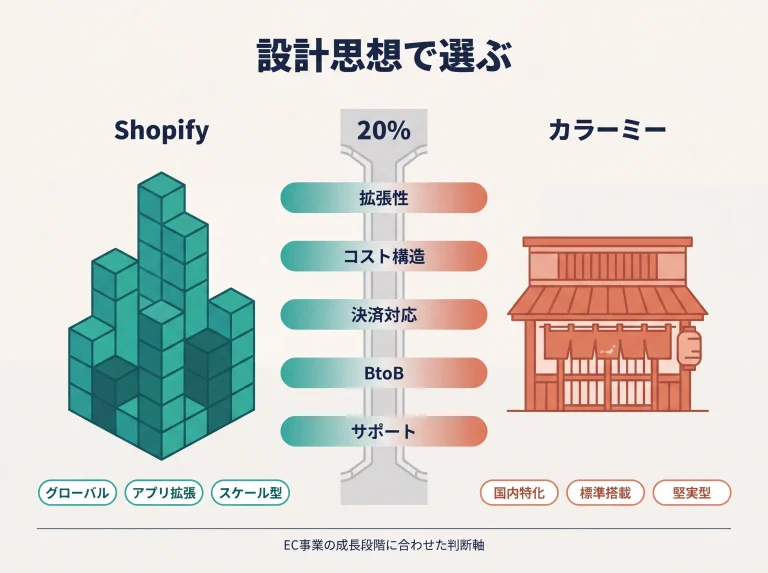 Shopifyとカラーミーの設計思想と5判断軸の対比図