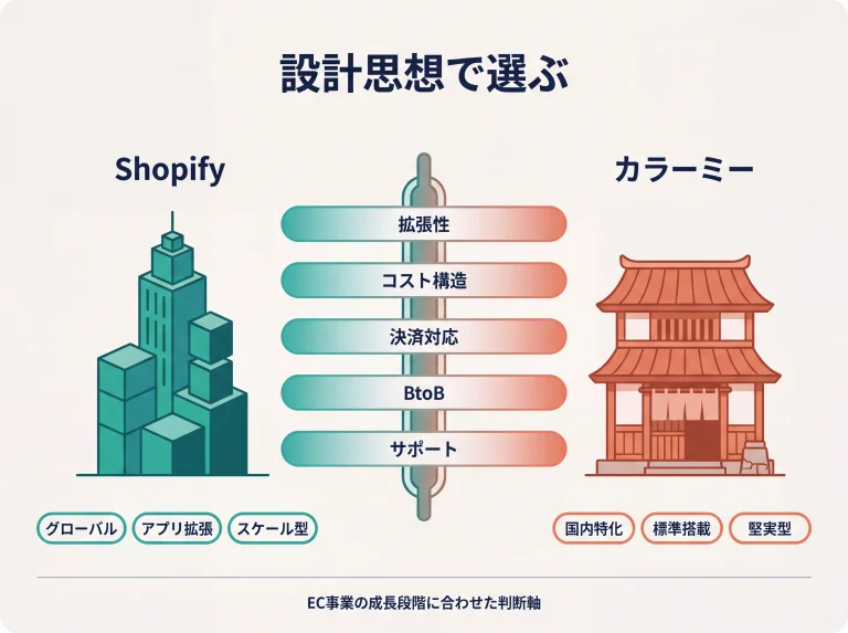 Shopifyとカラーミーの設計思想と5判断軸の対比図