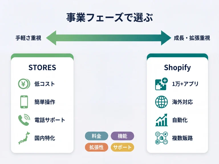 ShopifyとSTORESを事業フェーズ別に比較した概念図