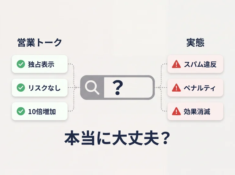 サジェスト独占表示の営業トークと実態の対比図