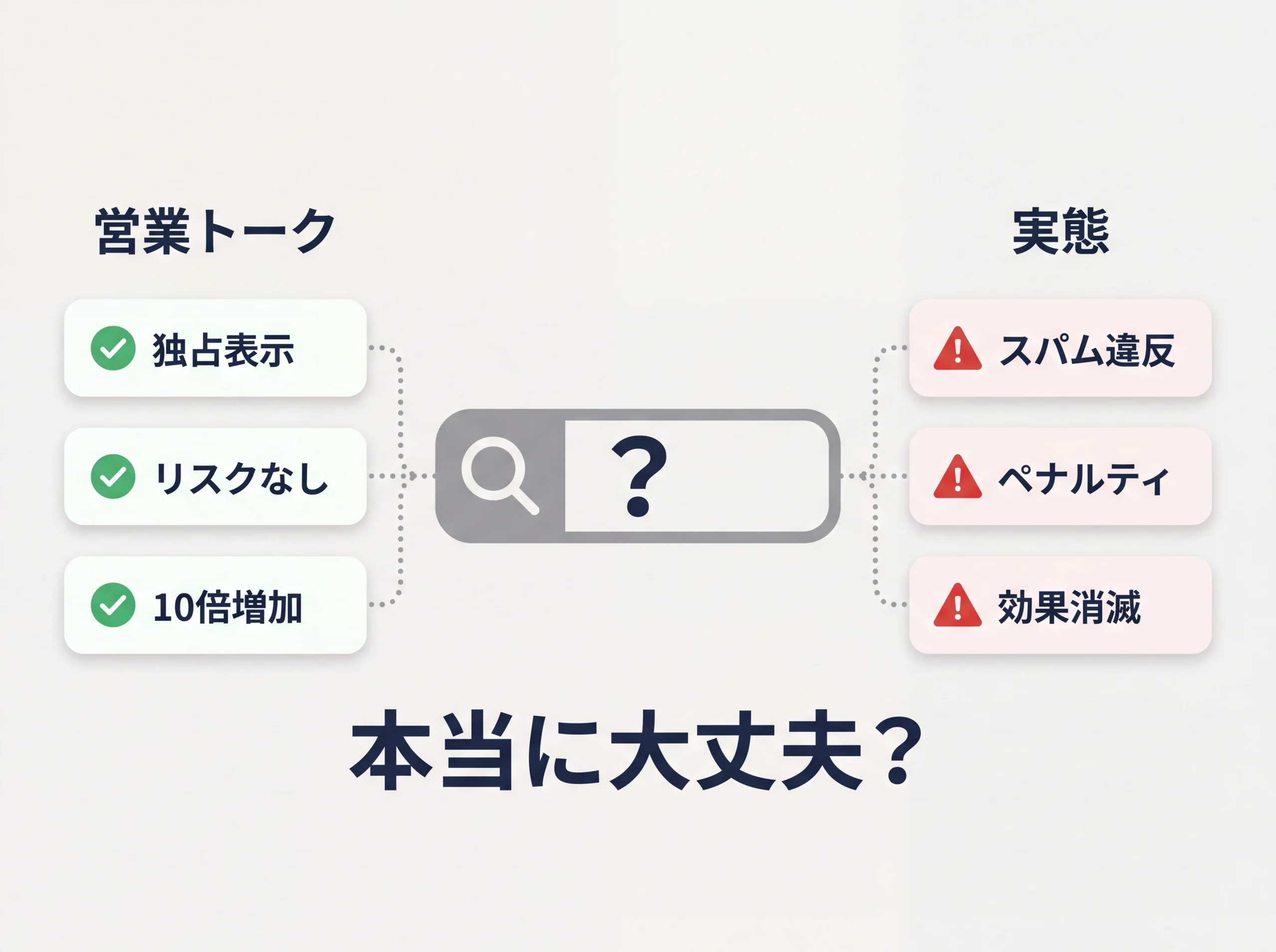 サジェスト独占表示の営業トークと実態の対比図