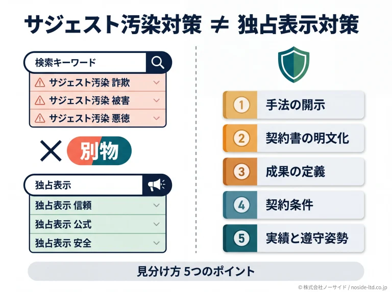 サジェスト汚染と独占表示対策の違いと5つの見分け方