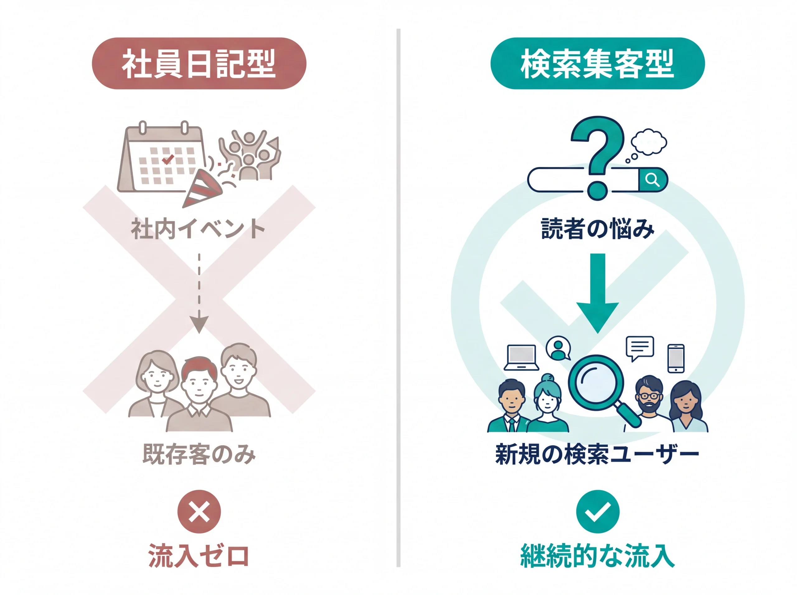 社員日記型と検索集客型ブログの情報フロー比較