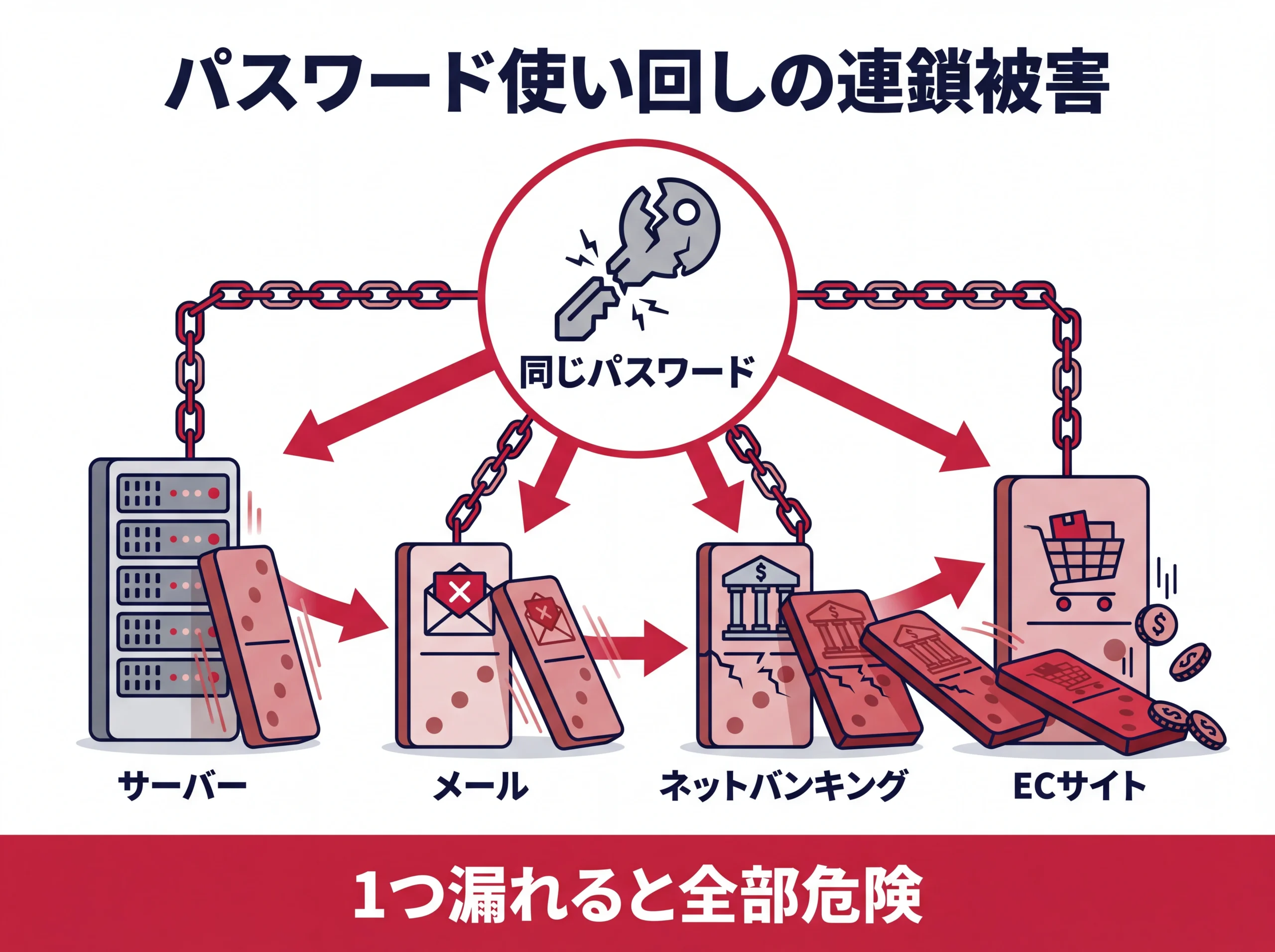 パスワード使い回しによる連鎖被害のドミノ図
