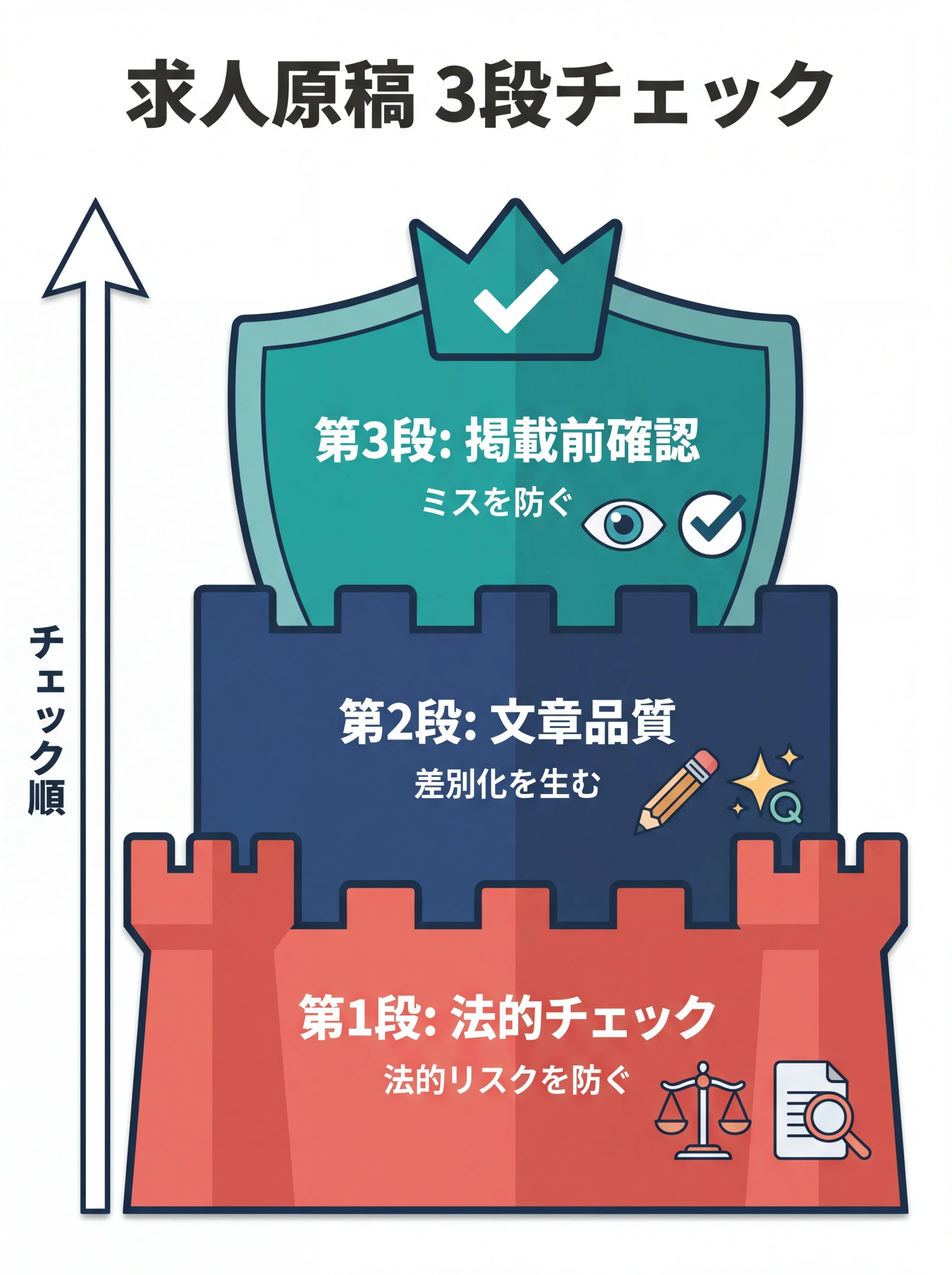求人原稿の3段チェック構造の防御層図