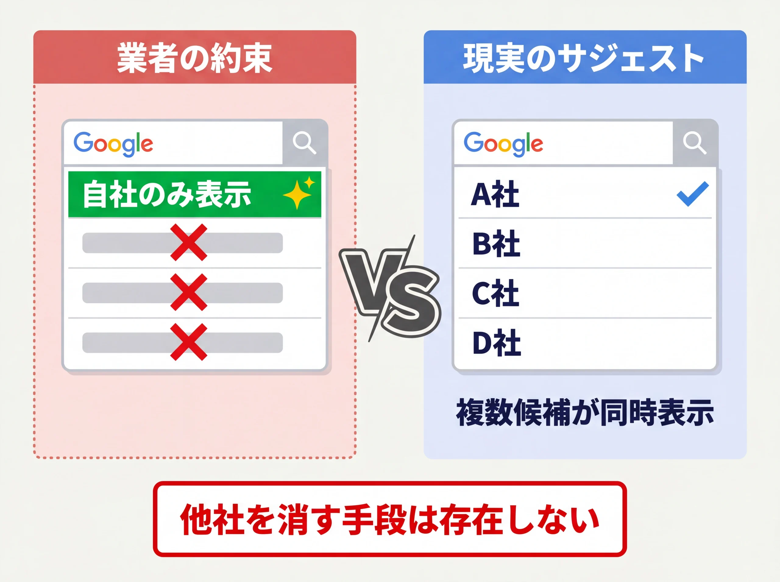 サジェスト独占表示の理想と現実の対比図