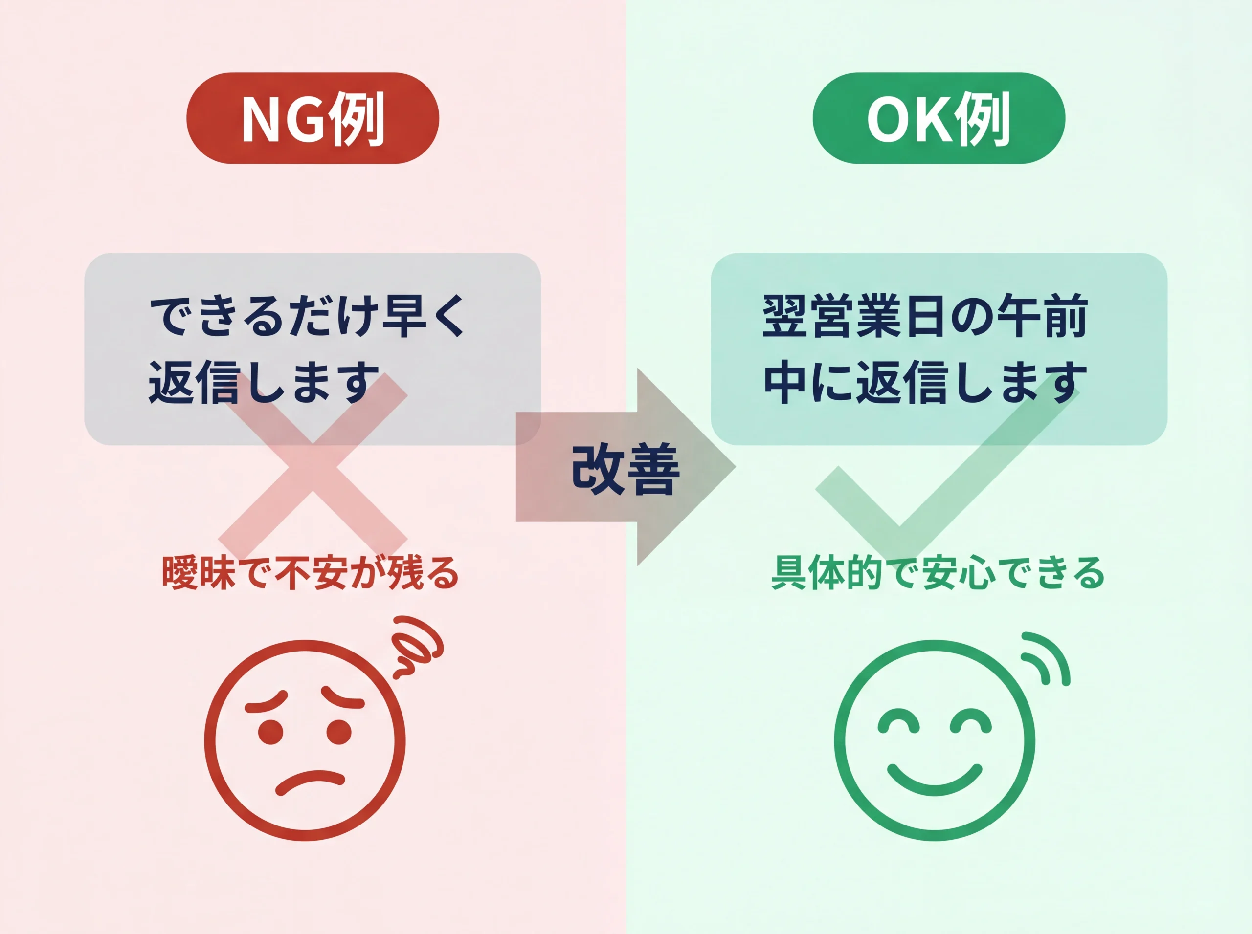 自動返信メッセージのNG例とOK例の比較