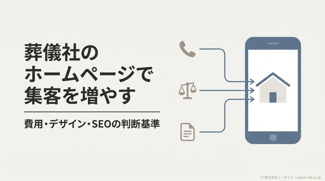 葬儀社のホームページに緊急・比較検討・事前相談の3つの導線が集まる様子を示すカバー