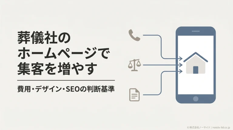 葬儀社のホームページに緊急・比較検討・事前相談の3つの導線が集まる様子を示すカバー