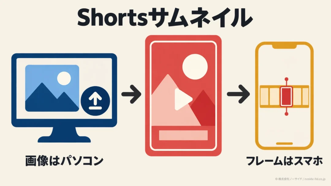 YouTube Shortsのサムネイルをパソコンとスマホで変更する範囲の比較図